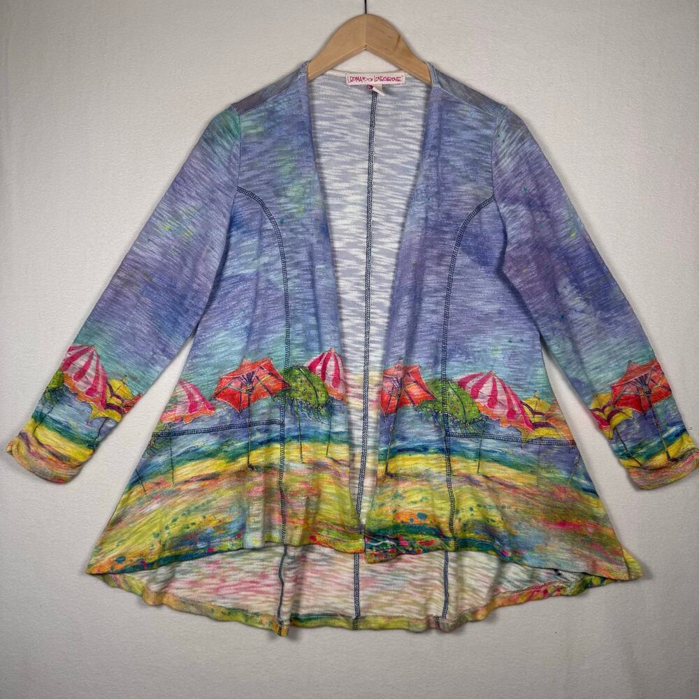 Leoma Lovegrove Open Cardigan 3/4 Sleeve Colorful Tropical Beach Women’s Size M